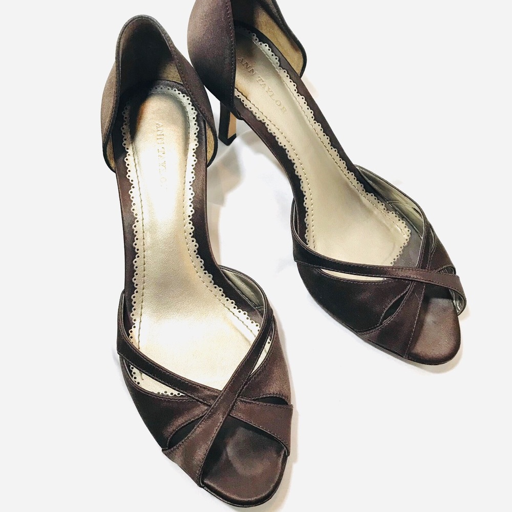 Ann Taylor espresso satin peep toe heels